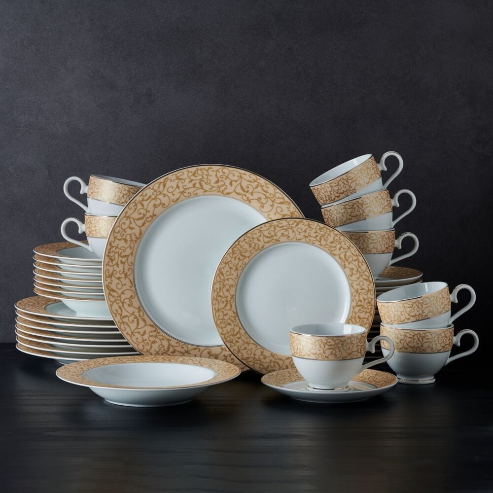 Luxury Fine Bone 45pc Dinnerware Set, Gold Trim - Otantik Imports