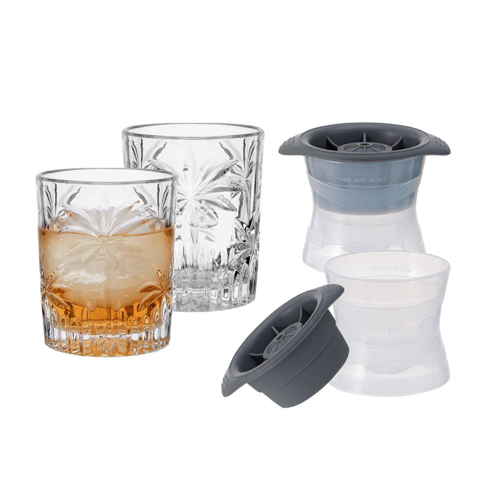Whiskey Glass (2) & Ice Cube Mold (2) Whiskey On the Rocks Set Modern Home